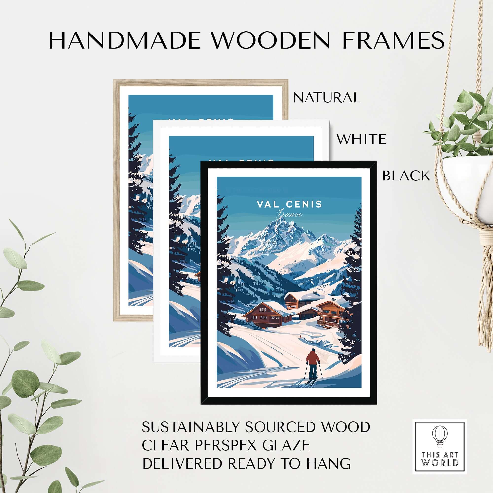 Handmade wooden frames in natural, white, and black, featuring Val Cenis Ski Print, sustainably sourced and ready to hang.