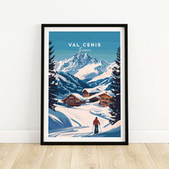 Val Cenis Ski Print showcasing snow-capped mountains and cozy chalets for winter home decor inspiration.