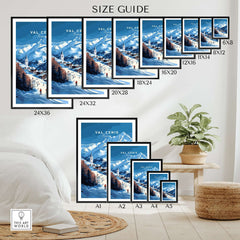 Val Cenis Ski Print size guide showcasing various frame sizes and a vibrant ski village scene from the French Alps.