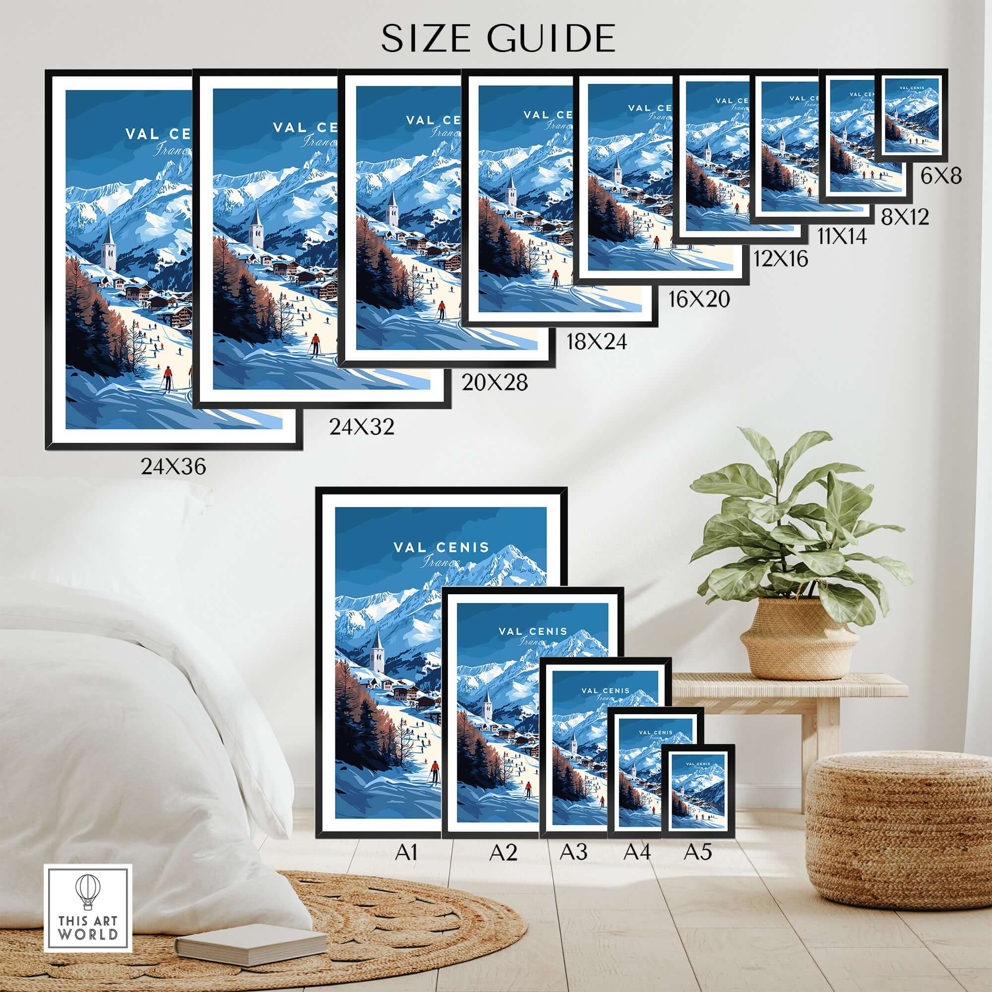 Val Cenis Ski Print size guide showcasing various frame sizes and a vibrant ski village scene from the French Alps.