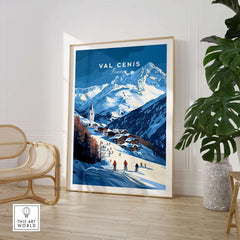 Val Cenis Ski Print showcasing a vibrant French Alps ski village scene in a stylish home setting.