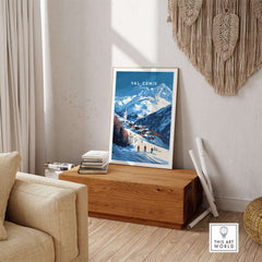 Val Cenis ski print displayed in a cozy room, capturing the beauty of the French Alps and traditional ski village life.