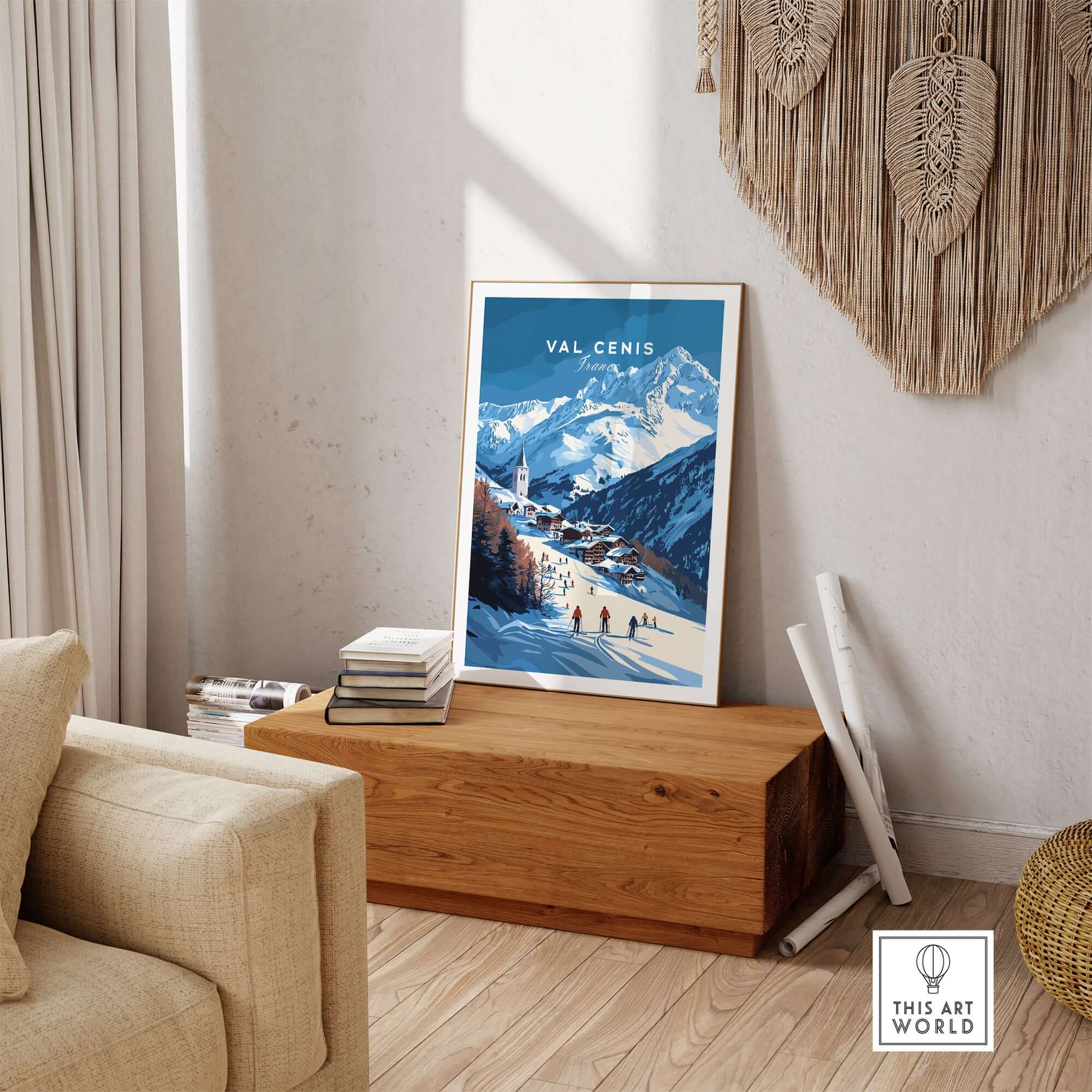 Val Cenis ski print displayed in a cozy room, capturing the beauty of the French Alps and traditional ski village life.