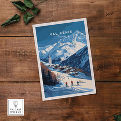 Val Cenis ski print showcasing a picturesque French Alps ski village with skiers and majestic mountains.