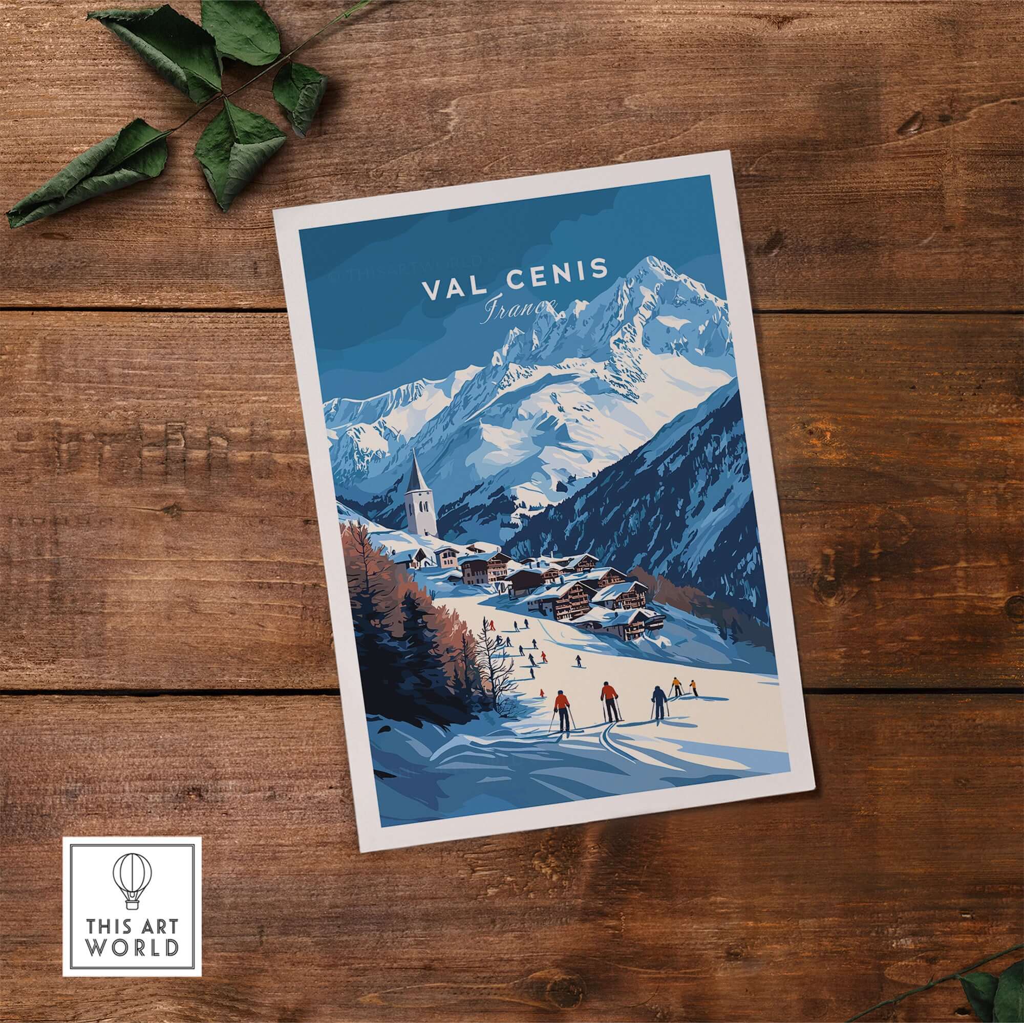 Val Cenis ski print showcasing a picturesque French Alps ski village with skiers and majestic mountains.