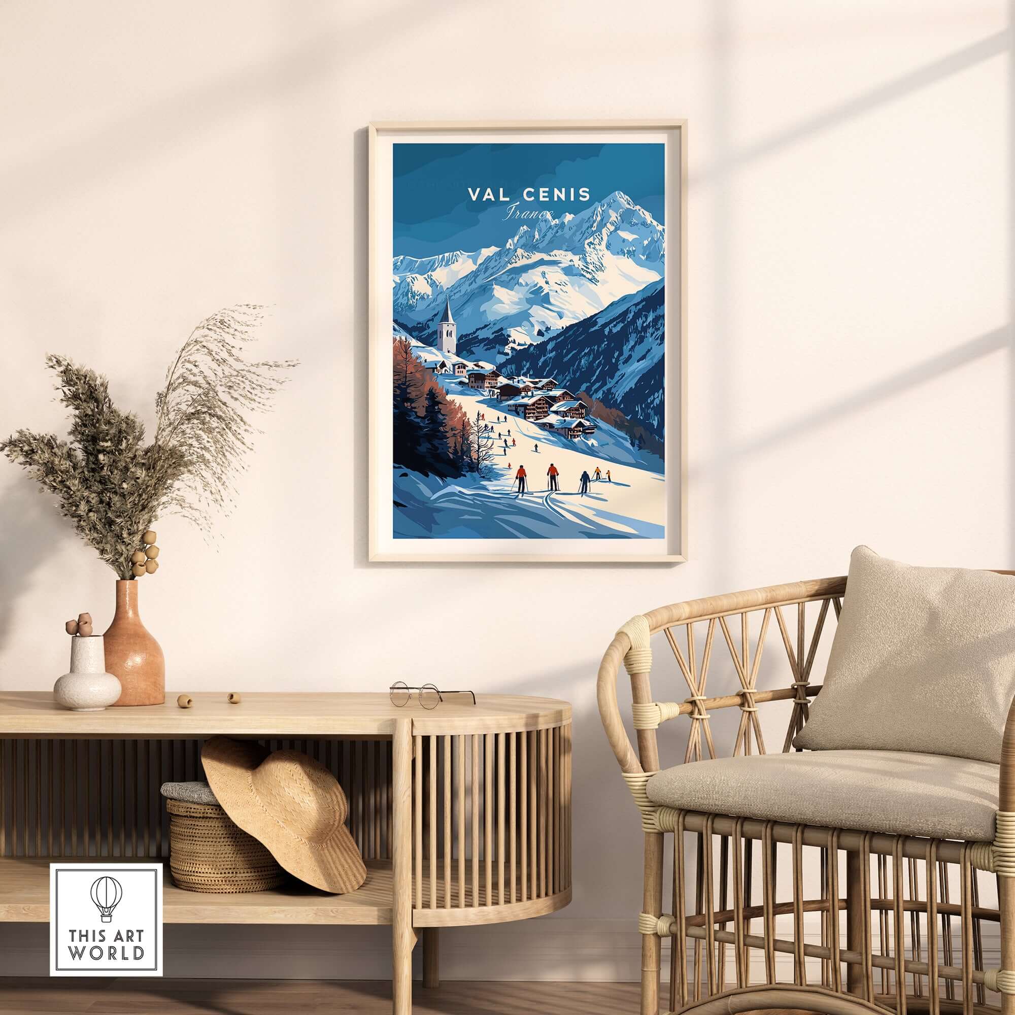 Val Cenis Ski Print showcasing a ski village in the French Alps, framed art in a stylish home setting.