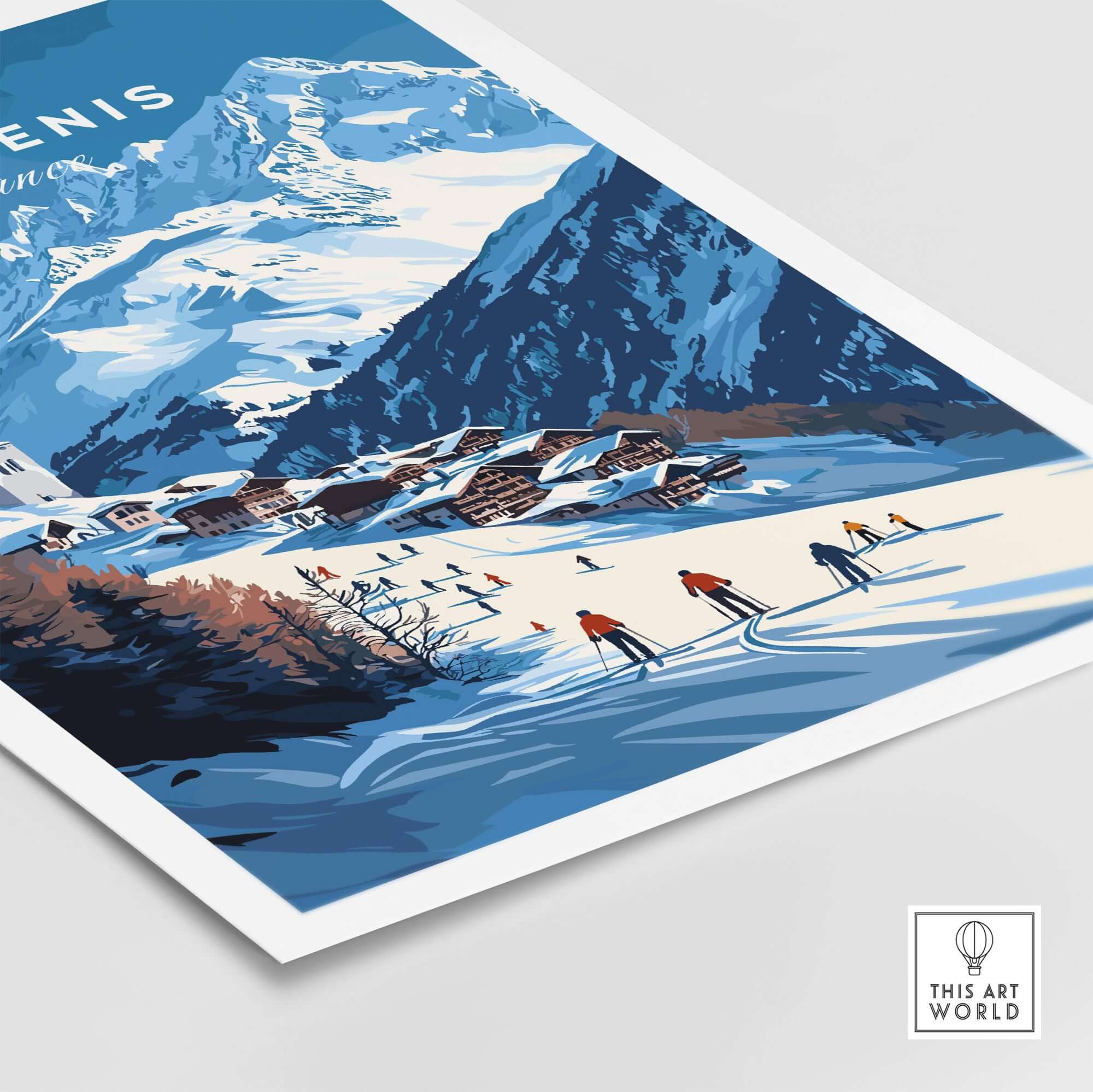 Val Cenis Ski Print showcasing a vibrant French Alps ski village scene with skiers and snow-covered mountains.
