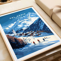 Val Cenis ski print showcasing French Alps village scene with skiers and snow-covered mountains.