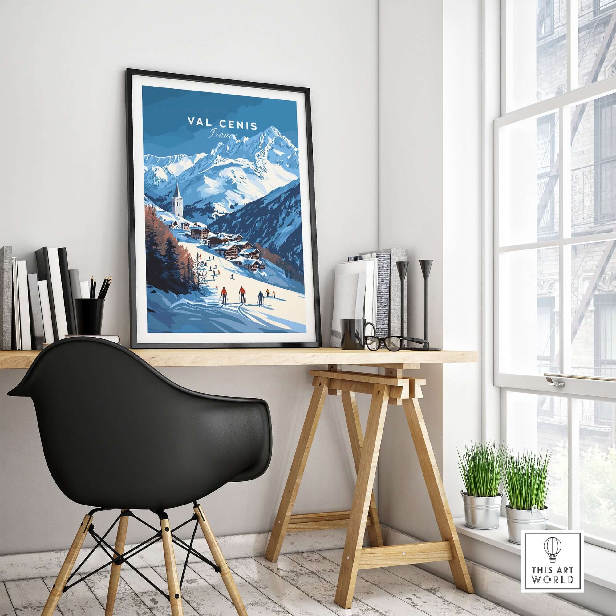 Val Cenis ski print showcasing a French Alps village scene, displayed in a modern home office setting.