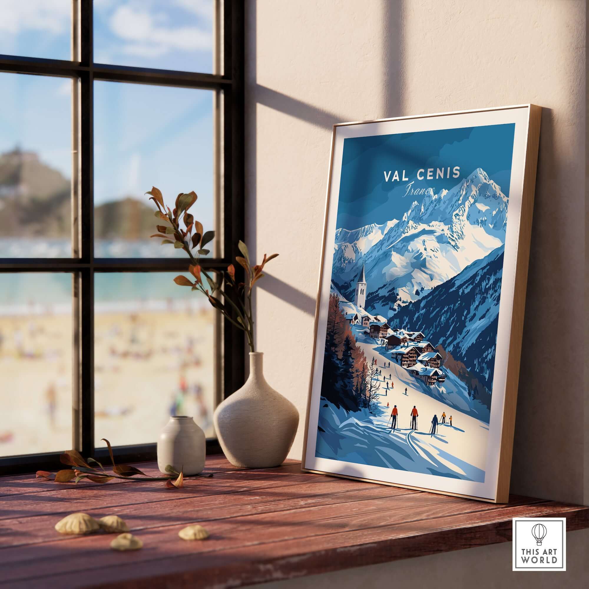 Val Cenis ski print showcasing a traditional French Alps village scene with skiers and majestic mountains.