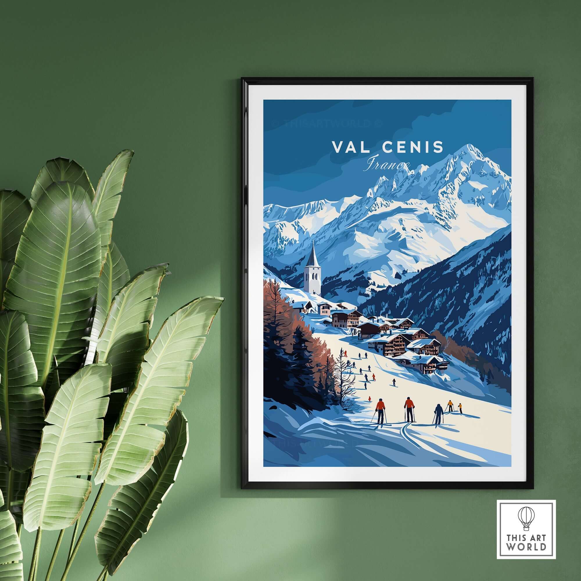 Val Cenis Ski Print showcasing a vibrant French Alps ski village scene with skiers and mountains in the background.