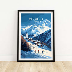 Val Cenis ski print showcasing a French Alps village scene with skiers and stunning mountain backdrop.