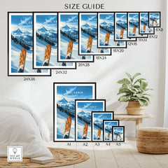 Val Cenis Ski Wall Art size guide, showing various frame sizes and stylish ski-themed decor in a cozy room setting.