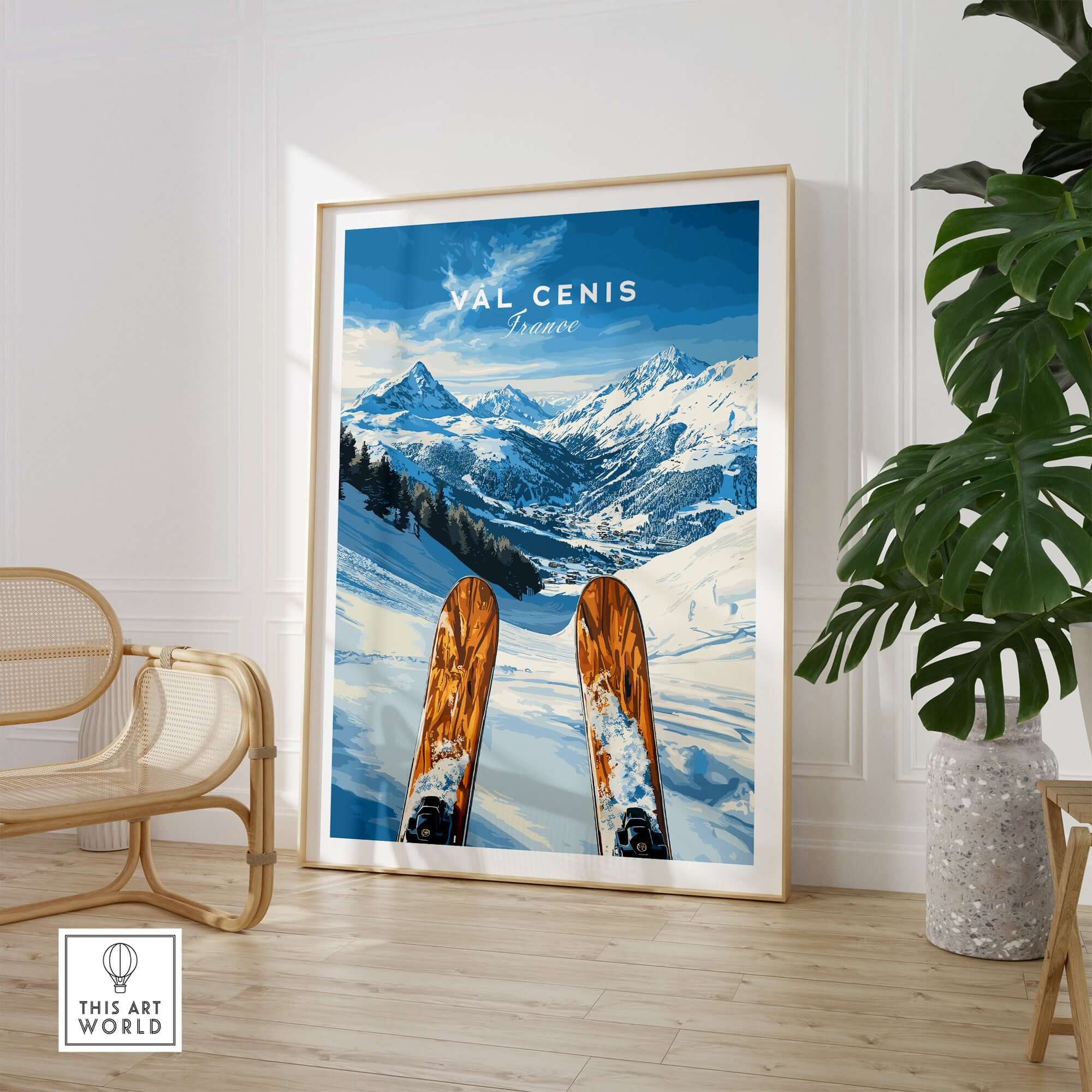 Val Cenis Ski Wall Art poster showcasing vibrant ski slopes and snowy mountains, adding winter charm to any room.