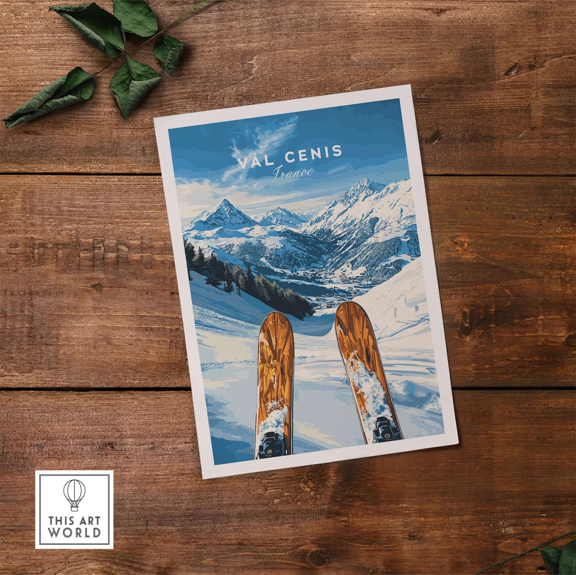Val Cenis ski wall art poster featuring snowy mountains and ski tips in vibrant colors, ideal for home decor.