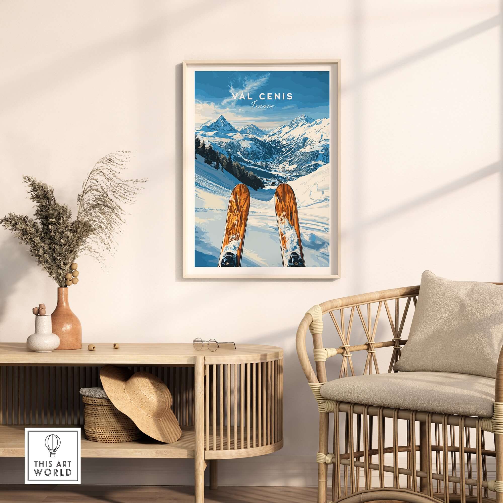 Val Cenis Ski Wall Art poster featuring skis against a winter landscape, perfect for home decor and ski enthusiasts.