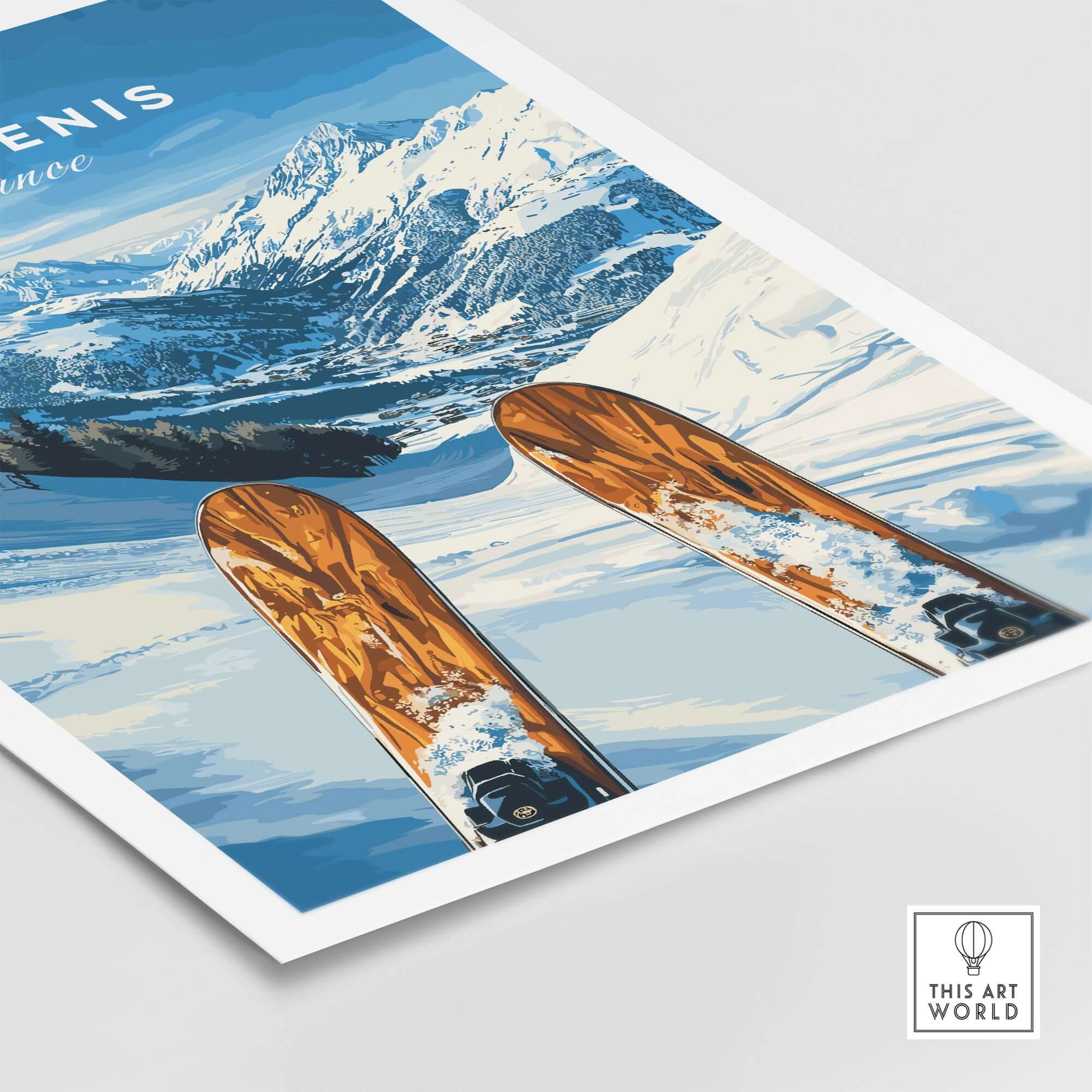 Val Cenis Ski Wall Art poster featuring wooden skis on snow with a stunning mountain backdrop.
