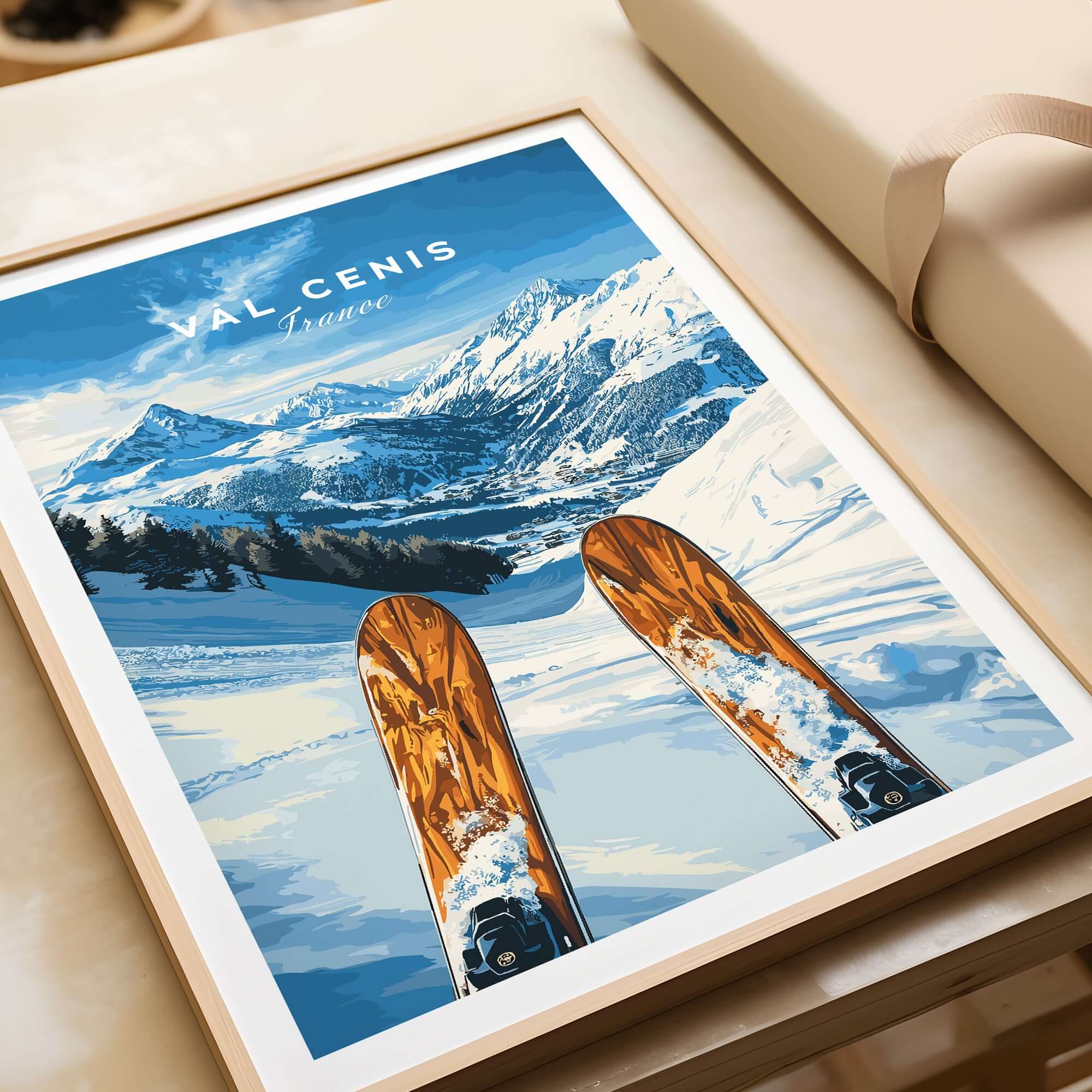 Val Cenis Ski Wall Art poster featuring ski slopes and mountains, perfect for winter decor.
