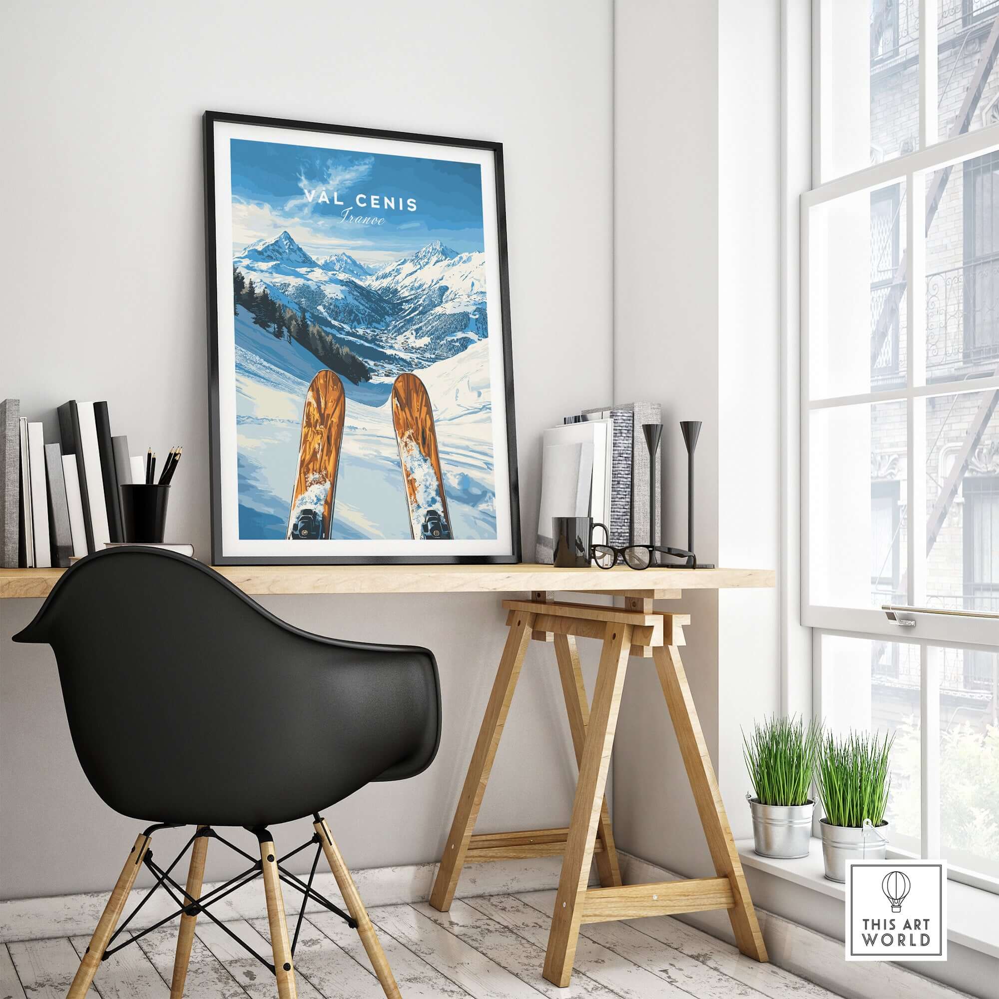 Val Cenis ski wall art poster displayed in a modern room, capturing winter beauty and skiing passion.