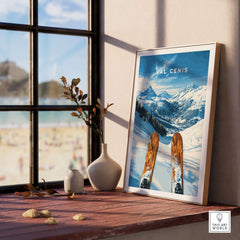 Val Cenis Ski Wall Art poster featuring snowy slopes and vintage skis, perfect for winter decor.
