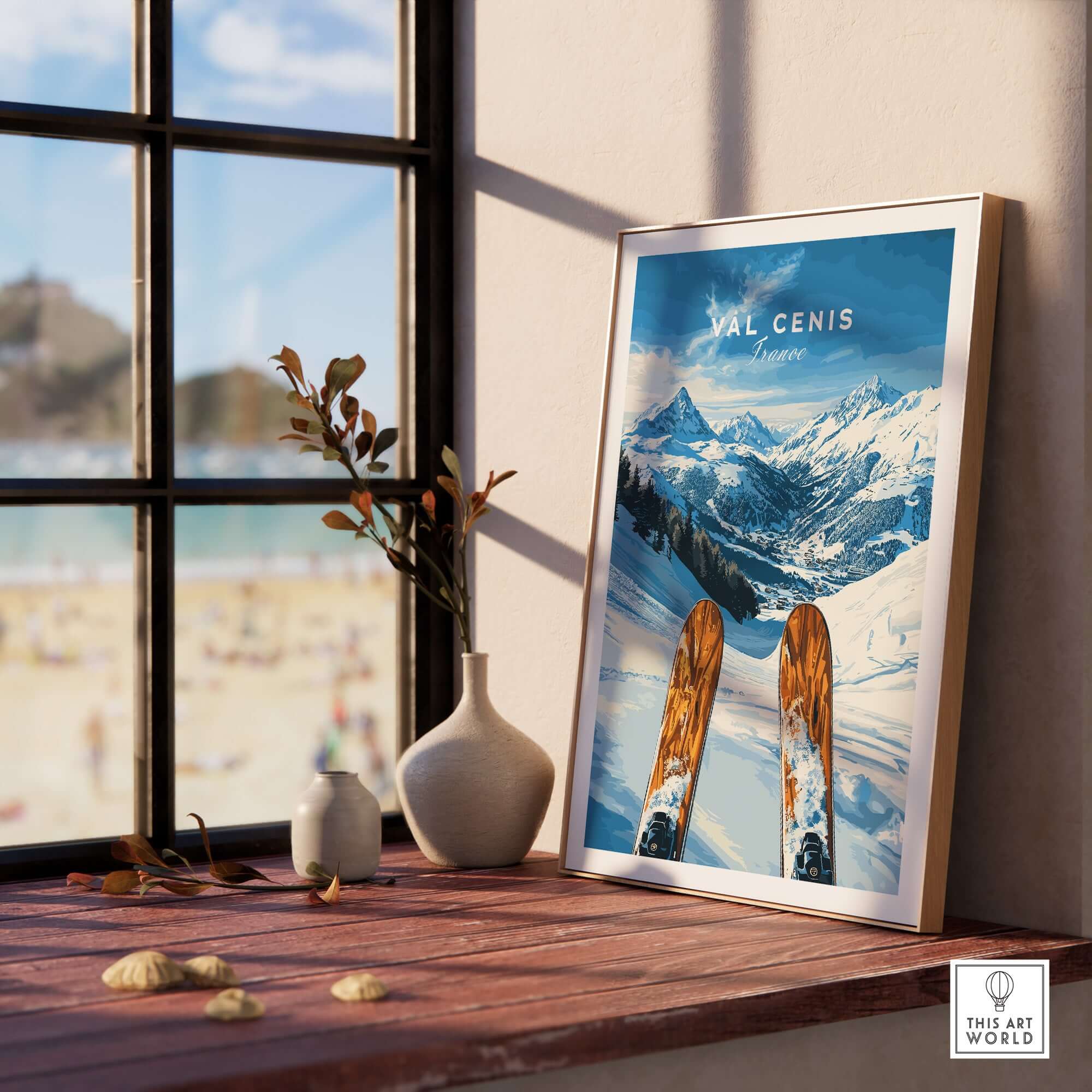 Val Cenis Ski Wall Art poster featuring snowy slopes and vintage skis, perfect for winter decor.