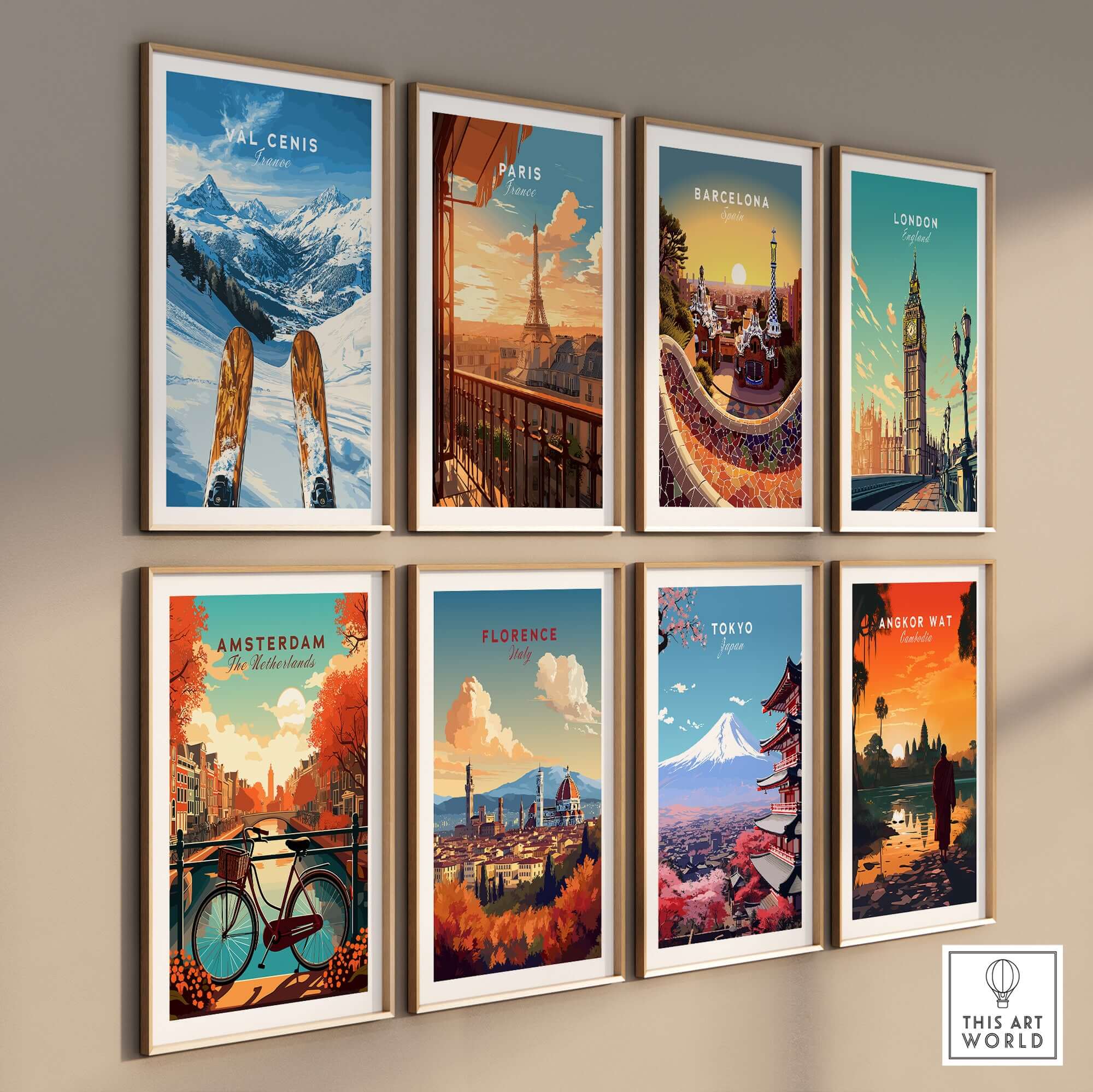 Gallery of travel-themed posters including Val Cenis ski art, Paris, Barcelona, London, and more.