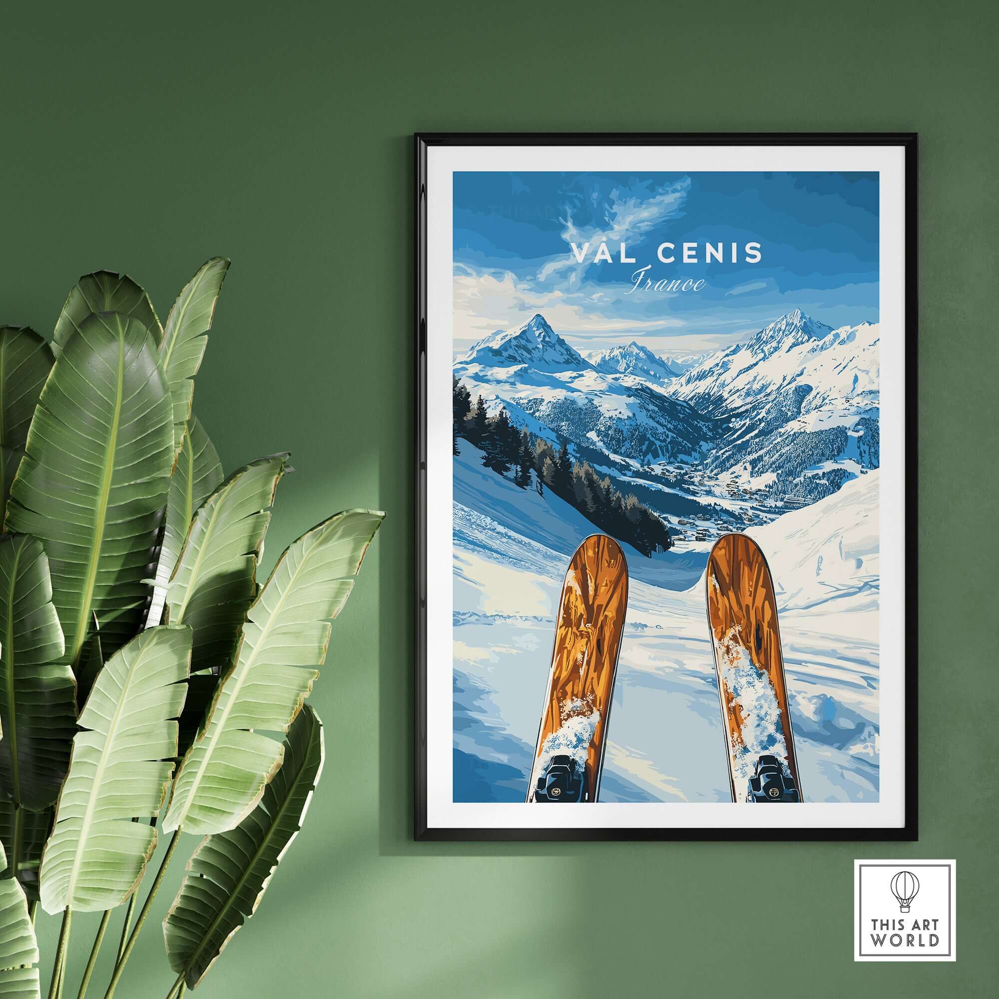 Val Cenis ski wall art poster showcasing vibrant ski slopes and mountains for winter home decor.