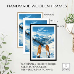 Val Cenis ski poster in handmade wooden frames, showcasing natural, white, and black options with a winter landscape.