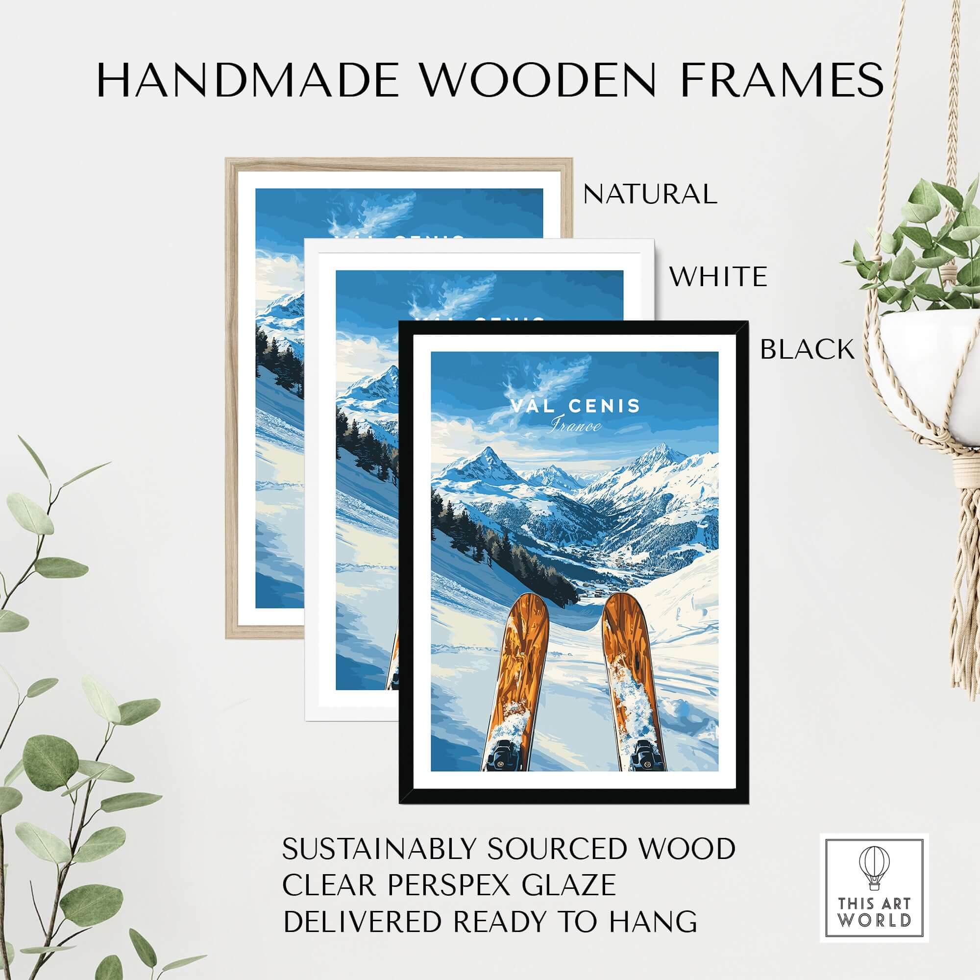 Val Cenis ski poster in handmade wooden frames, showcasing natural, white, and black options with a winter landscape.