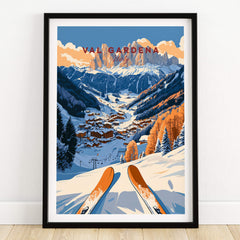 Val Gardena Travel Poster - Italy featuring stunning ski slopes and majestic mountains in a framed print.