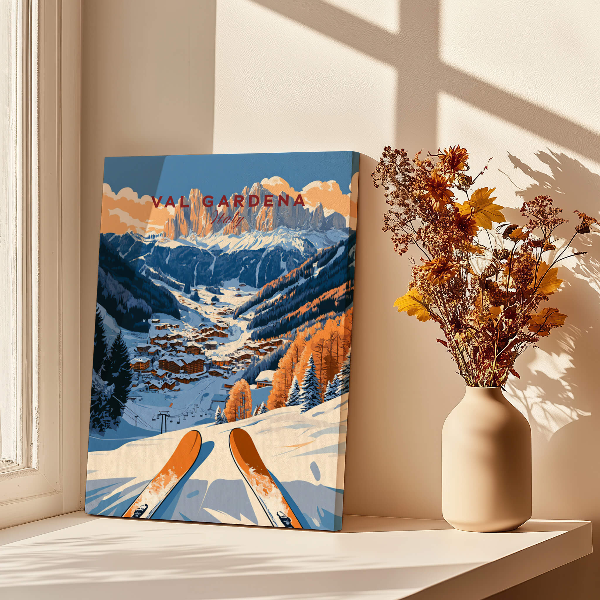Val Gardena Travel Poster - Italy featuring a scenic winter landscape and skis in the foreground.