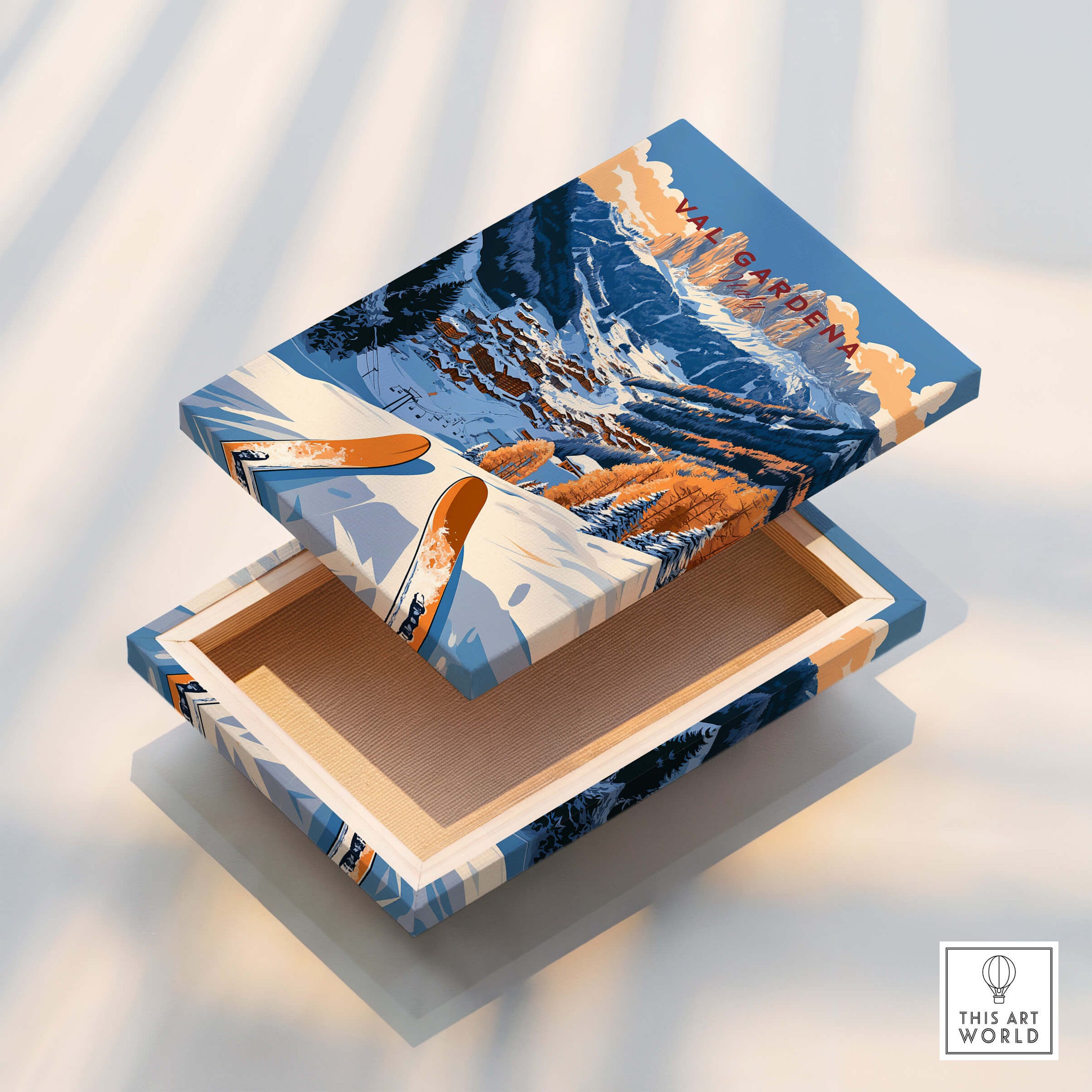 Val Gardena Travel Poster - Italy decorative storage box showcasing a snowy mountain landscape and ski design.