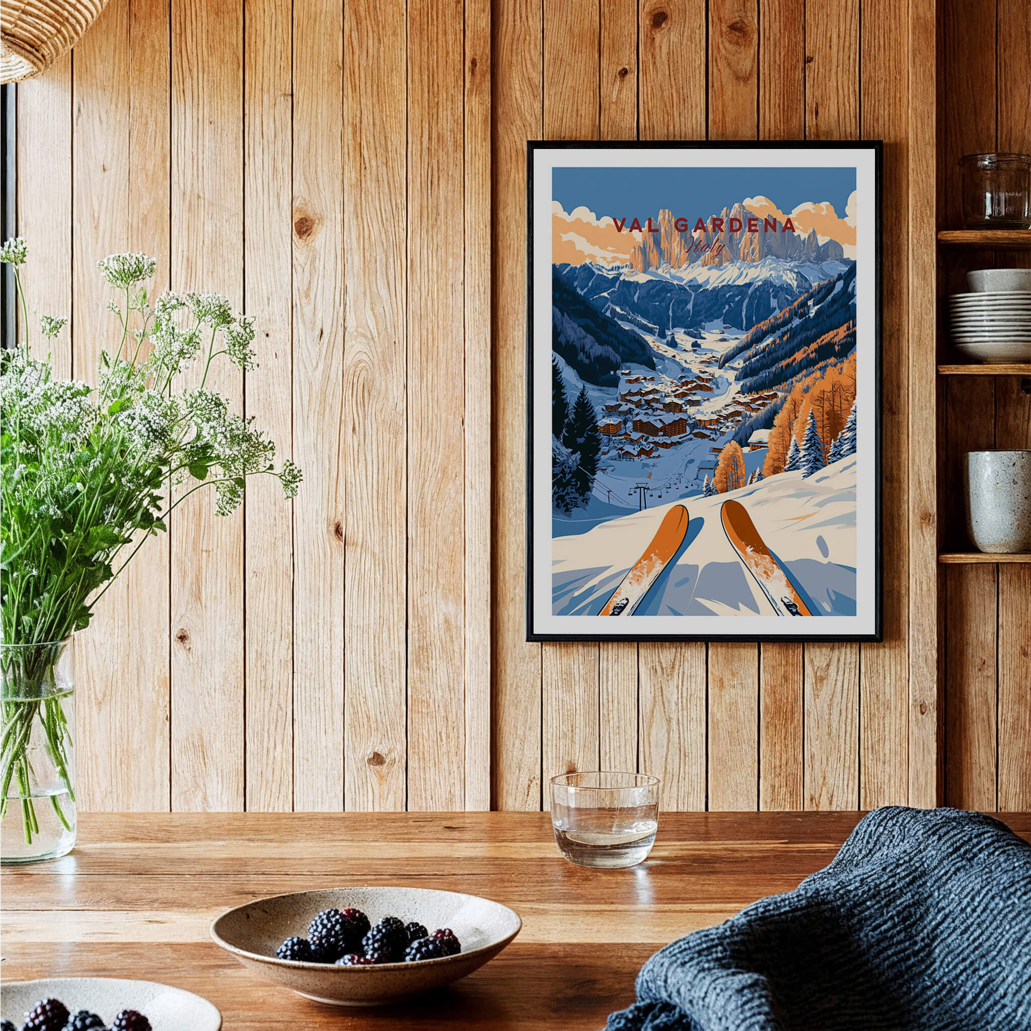 Val Gardena Travel Poster - Italy featuring a serene winter landscape and ski scene.