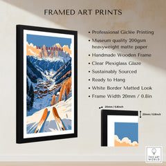 Val Gardena Travel Poster - Italy showcasing stunning mountain scenery and skis framed for wall decoration.