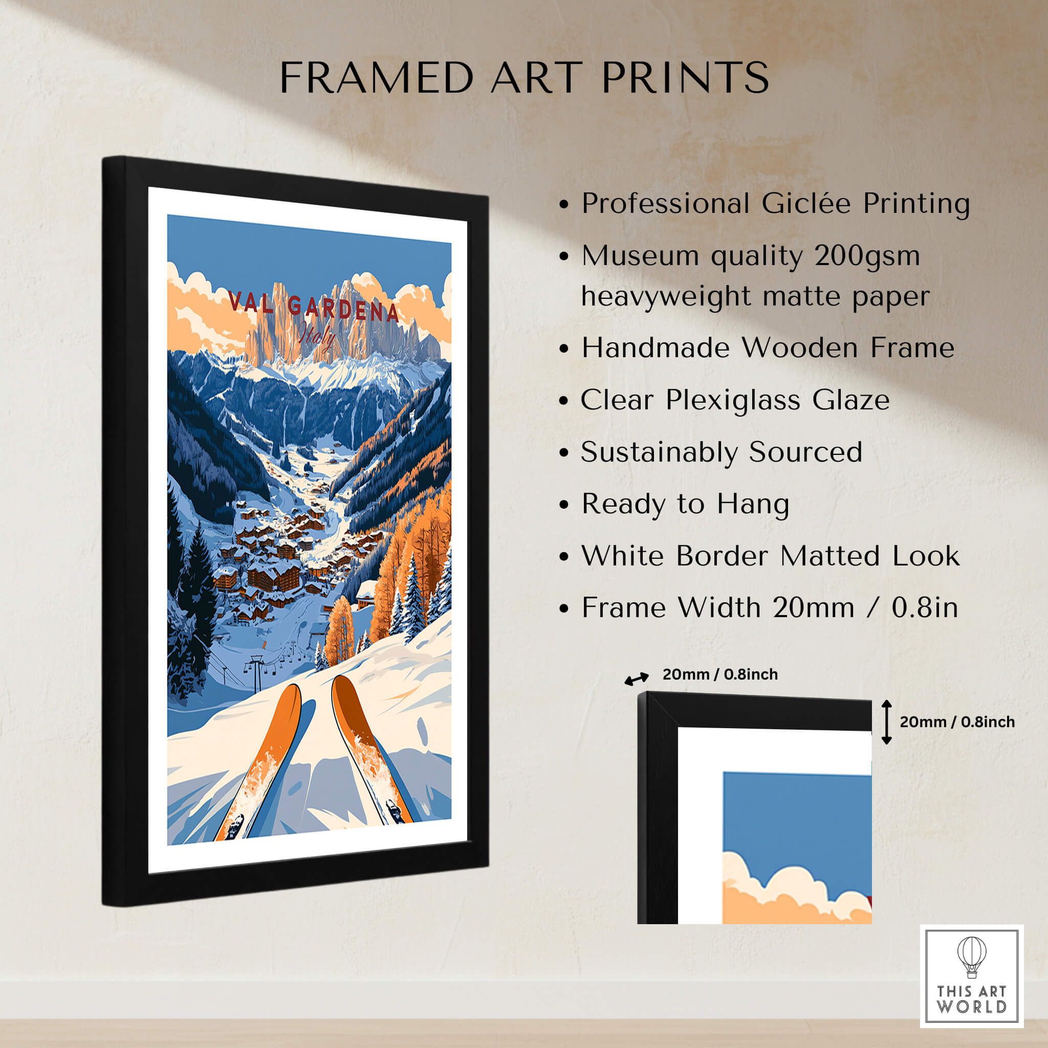 Val Gardena Travel Poster - Italy showcasing stunning mountain scenery and skis framed for wall decoration.