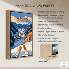 Val Gardena Travel Poster - Italy framed canvas print showcasing stunning mountain scenery and skiing slopes.