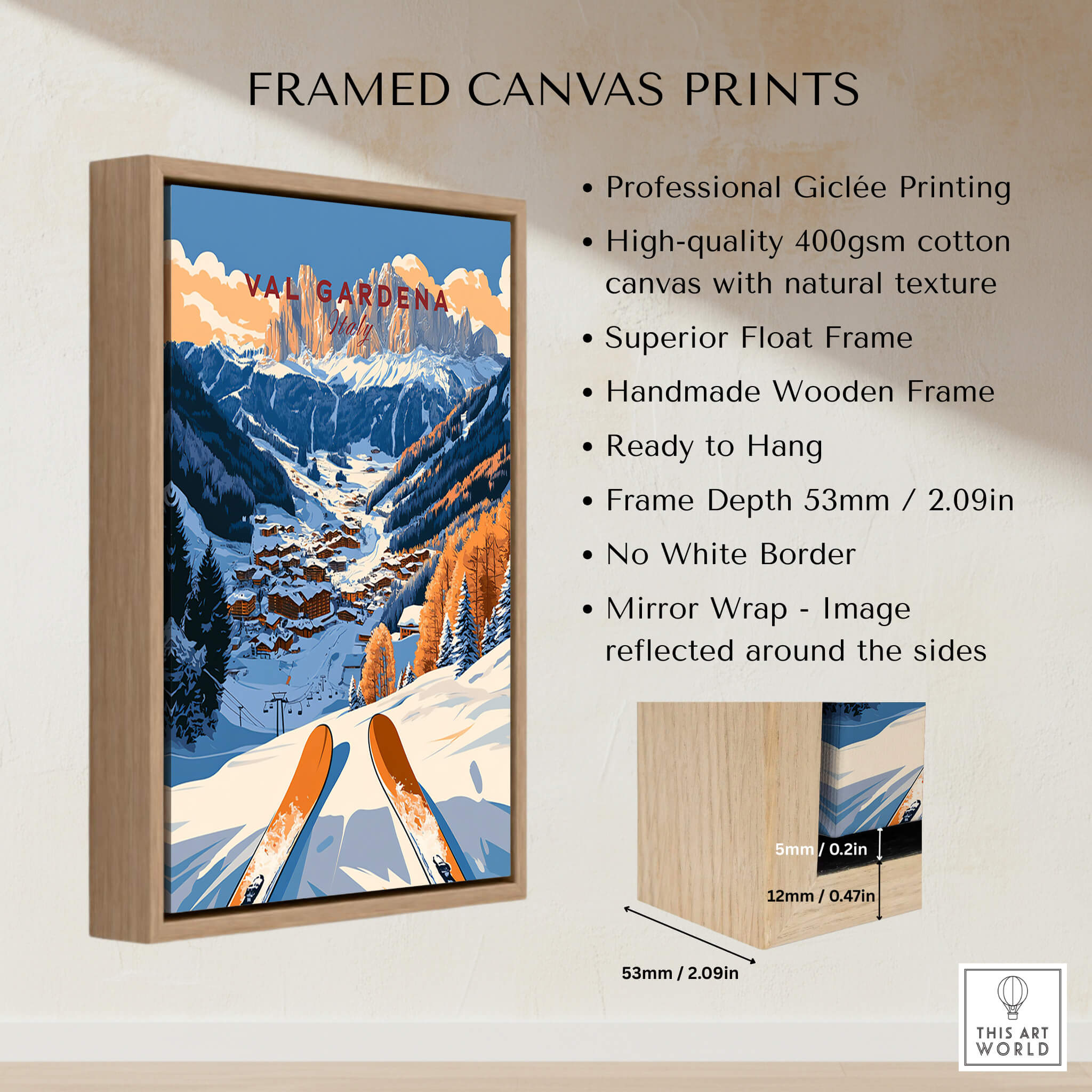 Val Gardena Travel Poster - Italy framed canvas print showcasing stunning mountain scenery and skiing slopes.
