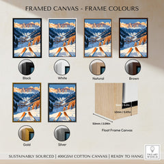 Framed canvas frame colour options for Val Gardena Travel Poster - Italy with black, white, natural, brown, gold, and silver frames.