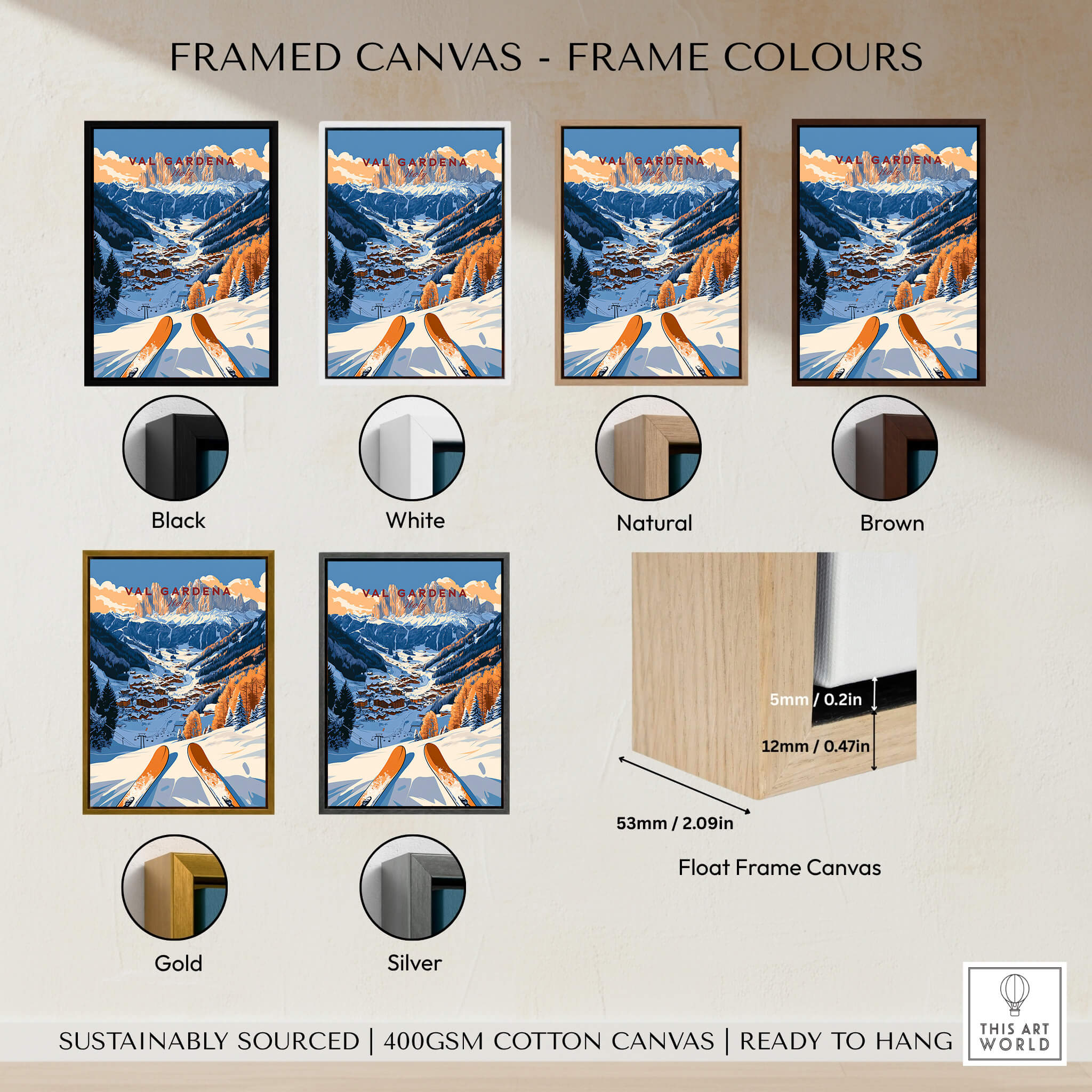 Framed canvas frame colour options for Val Gardena Travel Poster - Italy with black, white, natural, brown, gold, and silver frames.