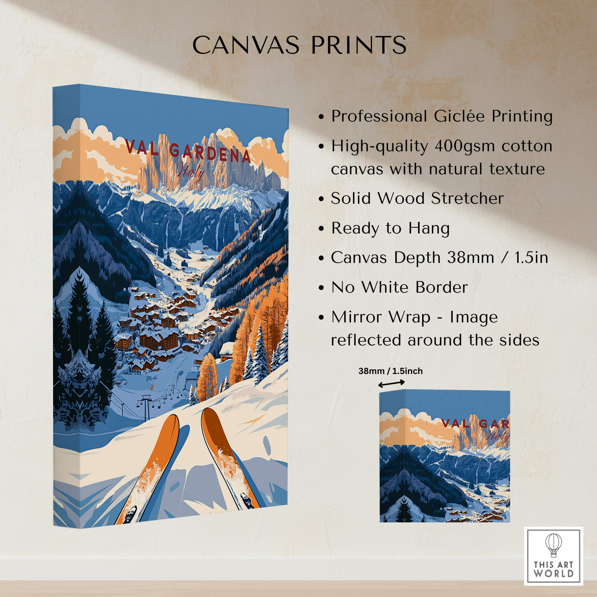 Val Gardena Travel Poster - Italy featuring stunning snowy mountains and ski slopes, perfect for adventure and decor.