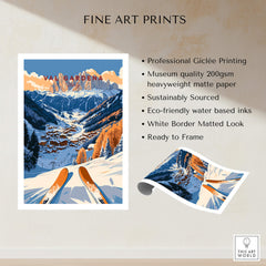 Val Gardena Travel Poster - Italy showcasing picturesque ski slopes and stunning mountain scenery, ideal for winter sports enthusiasts.