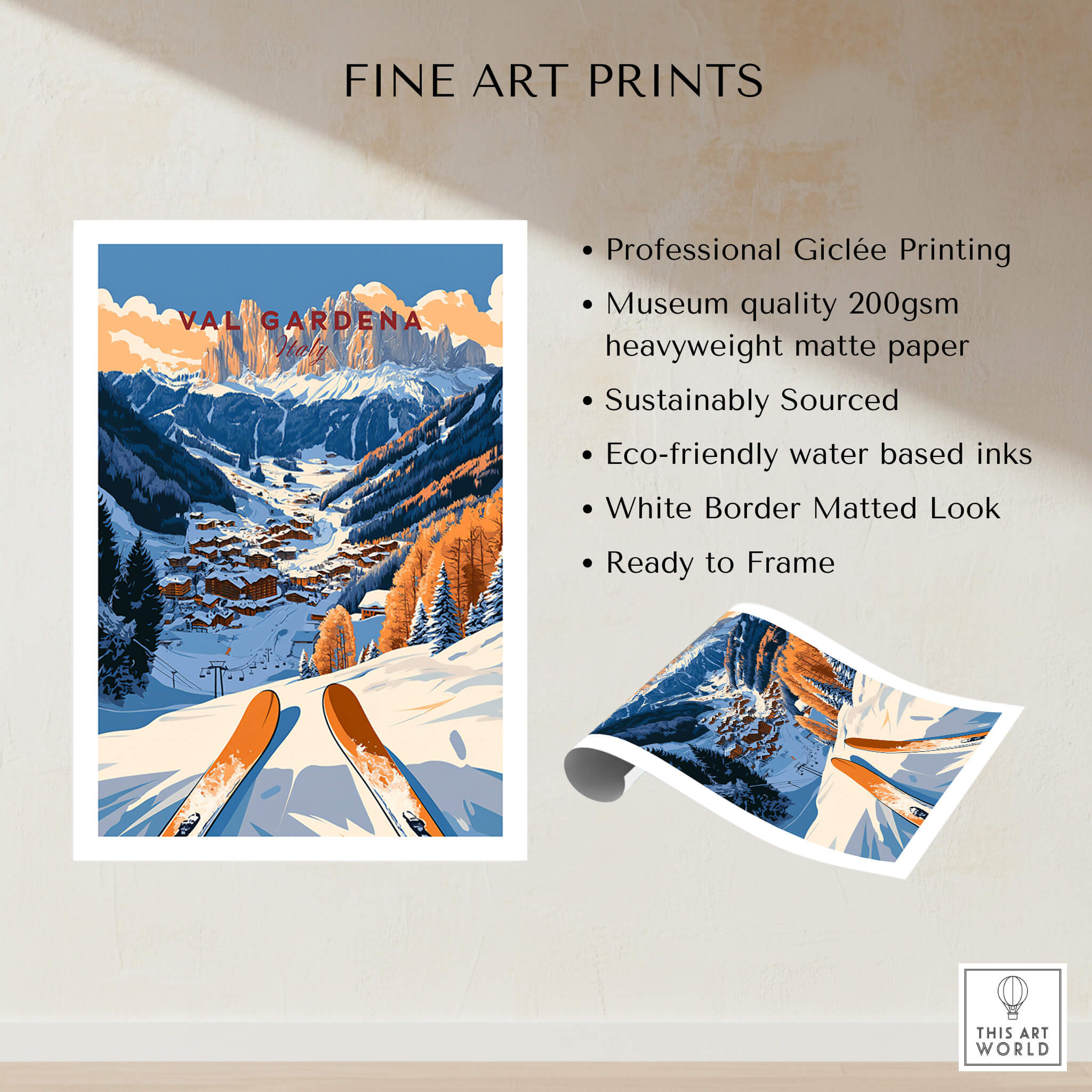 Val Gardena Travel Poster - Italy showcasing picturesque ski slopes and stunning mountain scenery, ideal for winter sports enthusiasts.