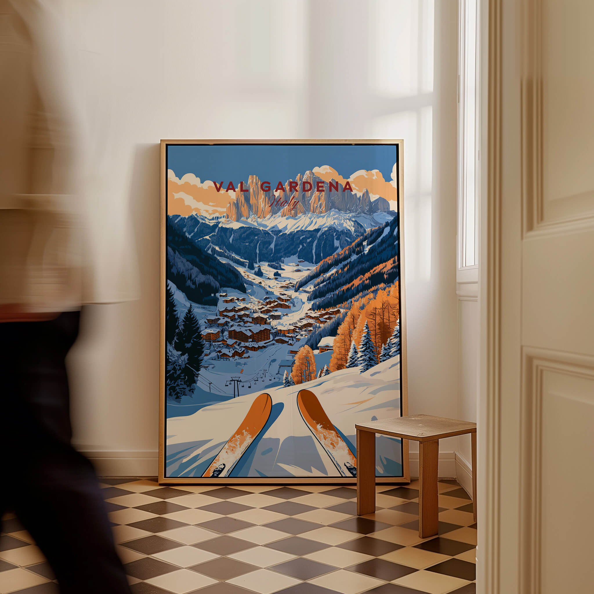 Val Gardena Travel Poster - Italy showcasing a scenic winter landscape with skis in a cozy interior setting.