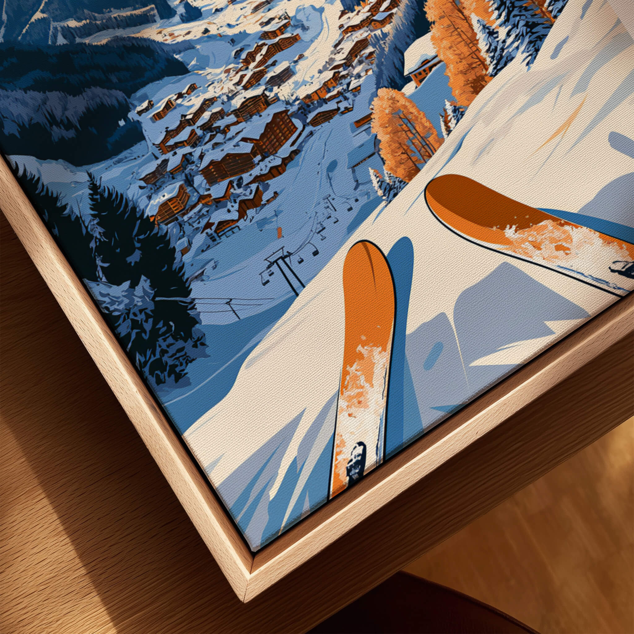 Val Gardena Travel Poster - Italy featuring skis on slopes with picturesque mountain village backdrop.