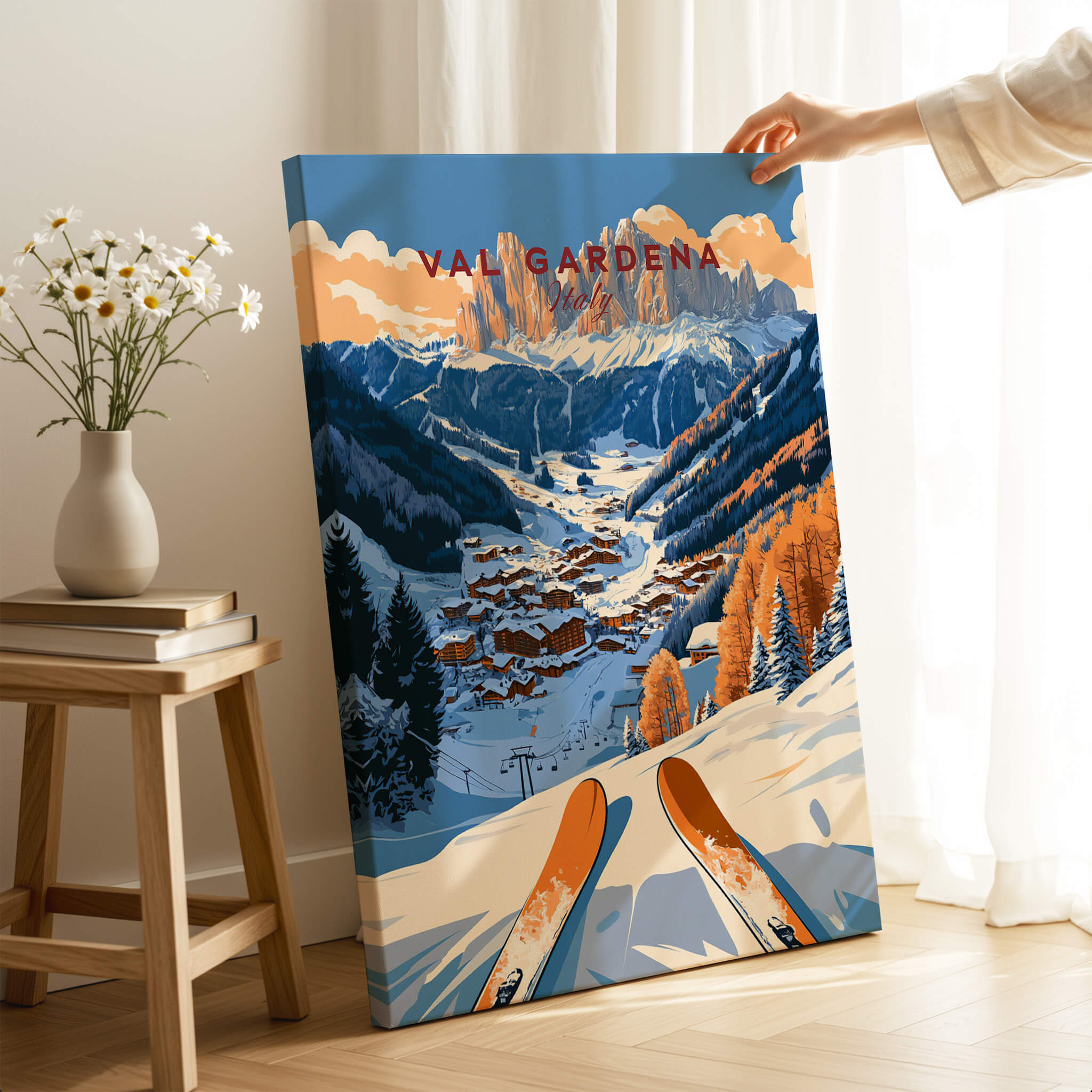 Val Gardena Travel Poster - Italy featuring a scenic view of the slopes and mountains in winter.