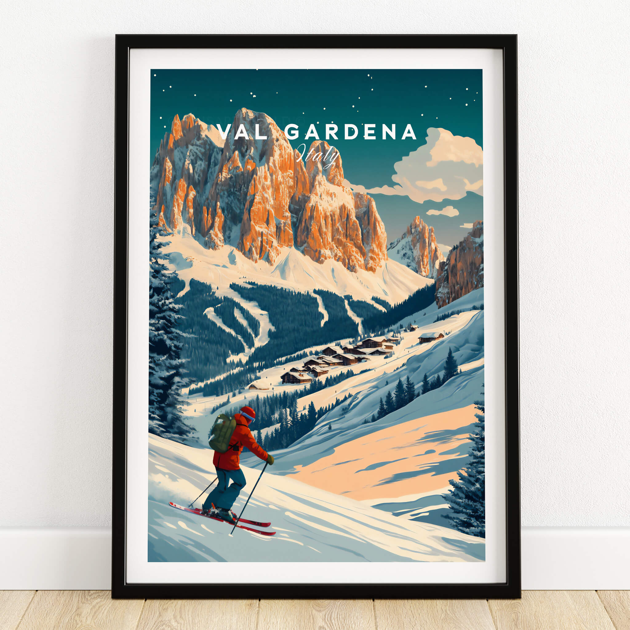 Val Gardena Ski Poster - Italy showcasing a skier in stunning mountain scenery.