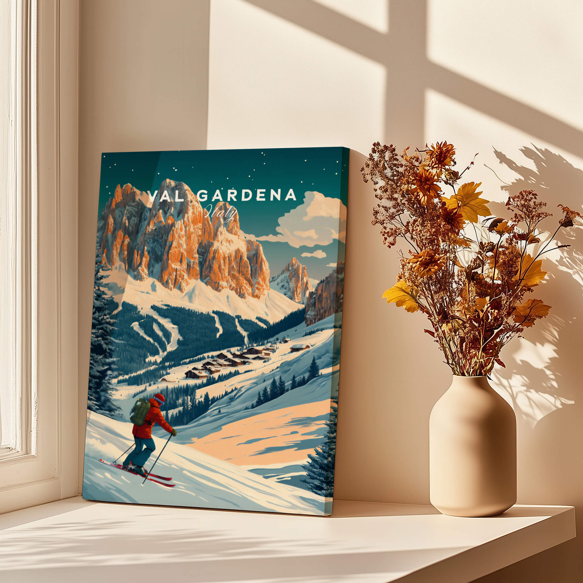 Val Gardena Ski Poster - Italy featuring a skier in a snowy landscape with mountains.