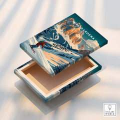 Val Gardena Ski Poster - Italy beautifully displayed on a wooden box, showcasing skiing scenery in Italy.