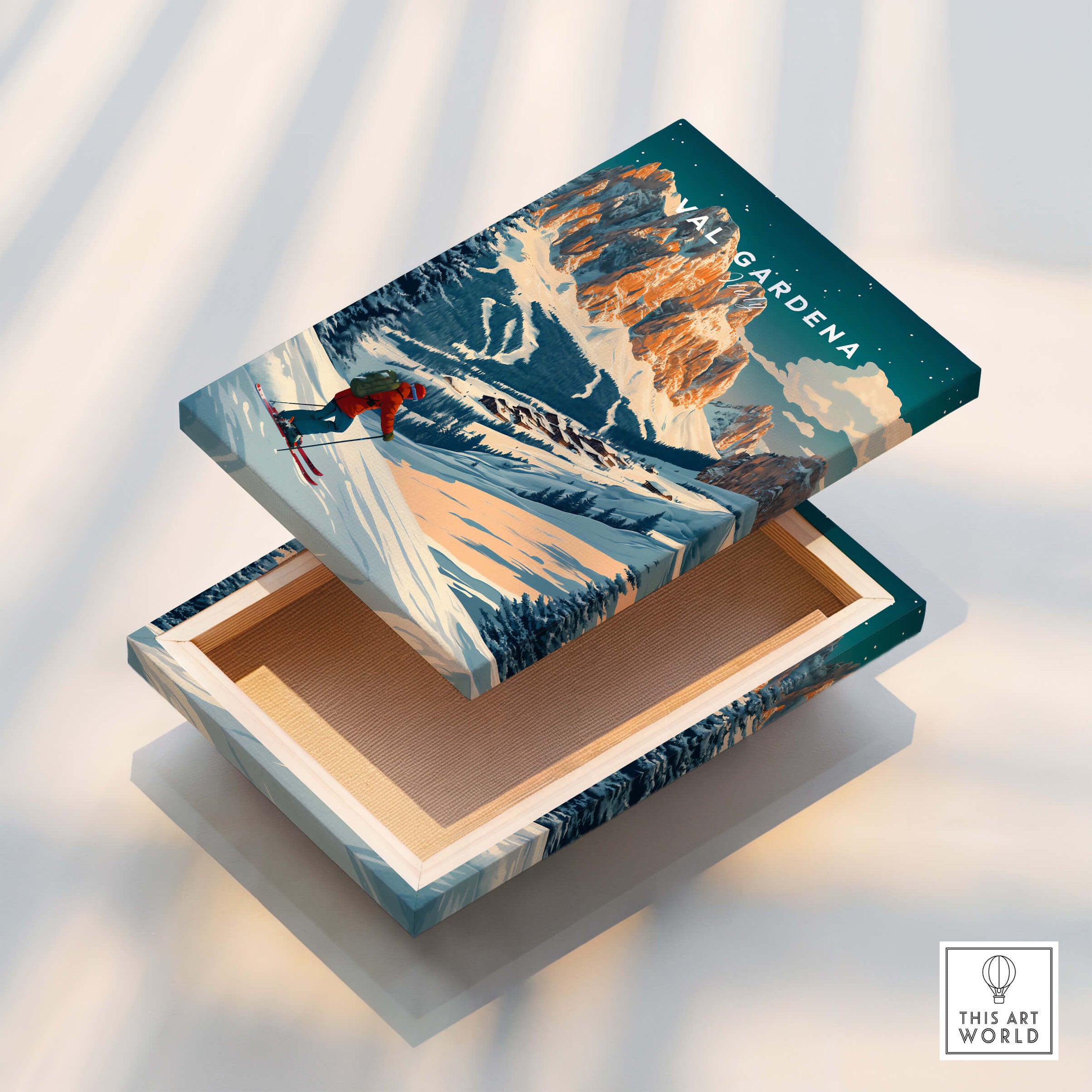 Val Gardena Ski Poster - Italy beautifully displayed on a wooden box, showcasing skiing scenery in Italy.
