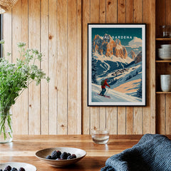 Val Gardena Ski Poster -  Italy showcasing a skier against stunning mountain scenery in a cozy home setting.